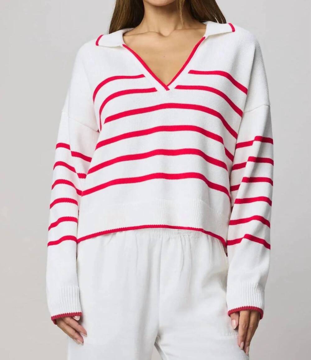 NEW SPLENDID arden stripe polo sweater in white/rouge